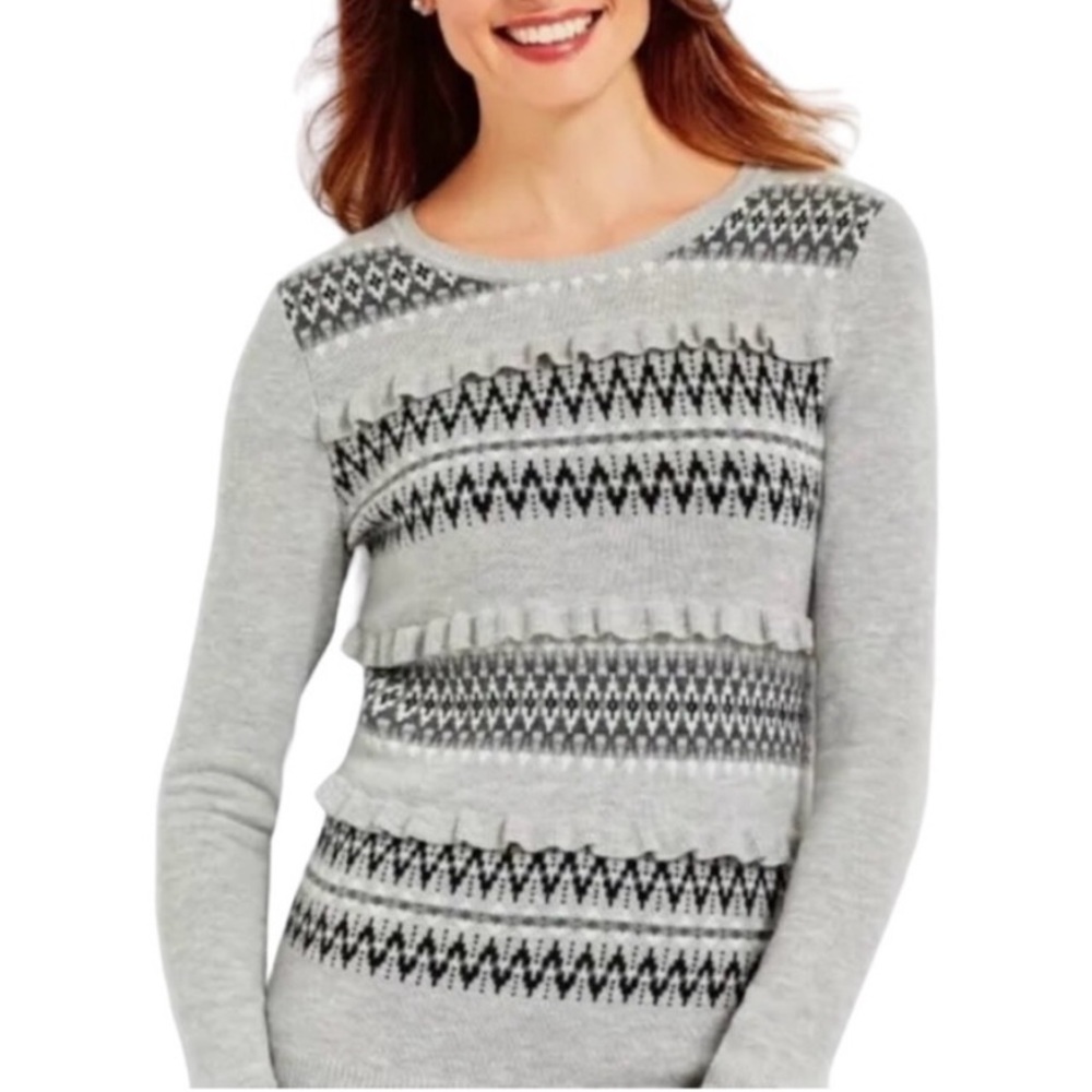 Talbots Women’s Lambswool Blend Nordic Fair Isle Ruffled Sweater, Size MP, EUC!